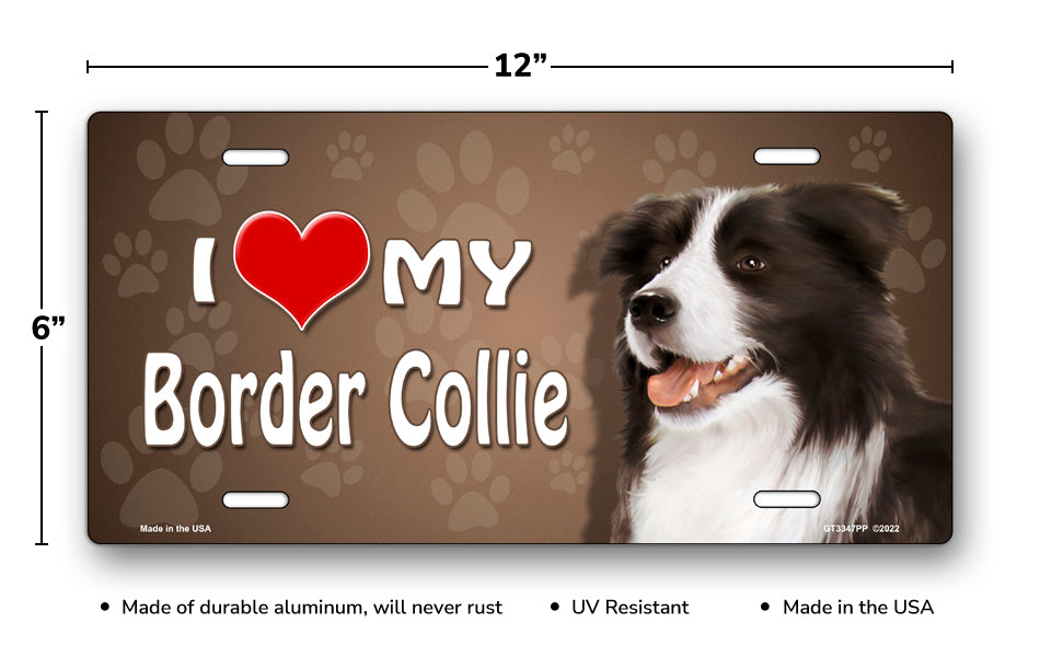 I Love My Border Collie on Paw Prints License Plate
