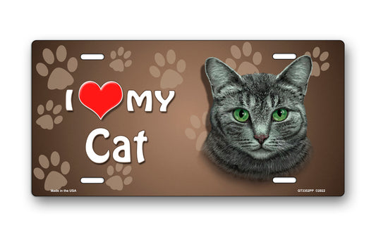 I Love My Cat (Gray Tabby) on Paw Prints License Plate