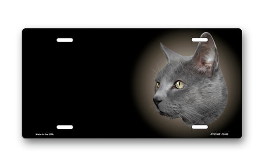 Russian Blue Cat on Black Offset License Plate