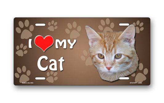 I Love My Cat (Orange and White Tabby) on Paw Prints License Plate