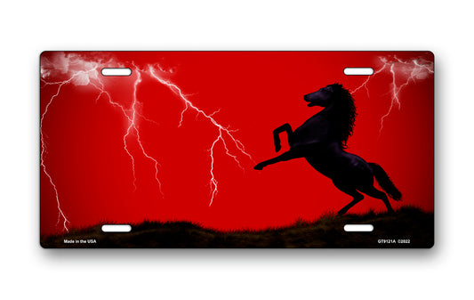 Lightning Horse on Red Offset License Plate