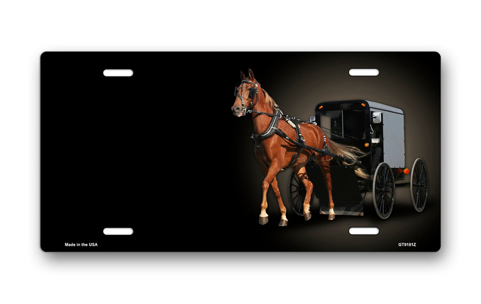 Horse and Buggy on Black Offset License Plate