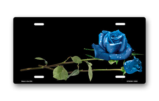 Blue Roses on Black Offset License Plate