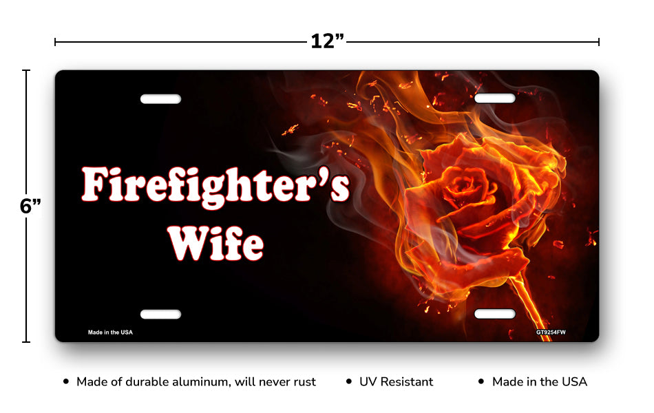 Firefighter's Wife Fire Rose on Black License Plate