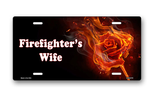 Firefighter's Wife Fire Rose on Black License Plate