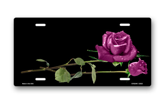 Purple Roses on Black Offset License Plate