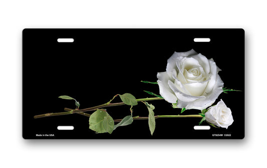 White Roses on Black Offset License Plate
