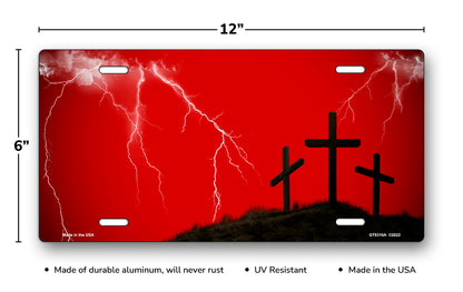 Three Crosses and Lightning on Red License Plate