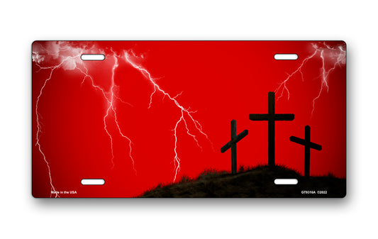 Three Crosses and Lightning on Red License Plate