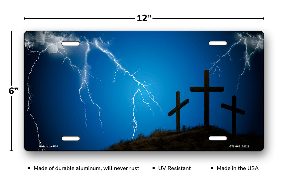 Three Crosses and Lightning on Blue License Plate