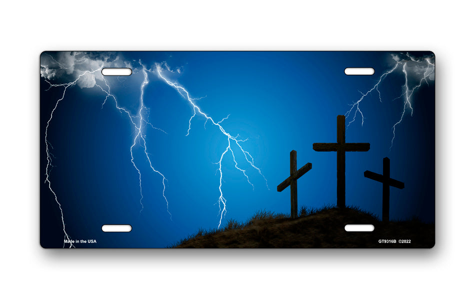 Three Crosses and Lightning on Blue License Plate