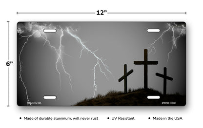 Three Crosses and Lightning on Gray License Plate