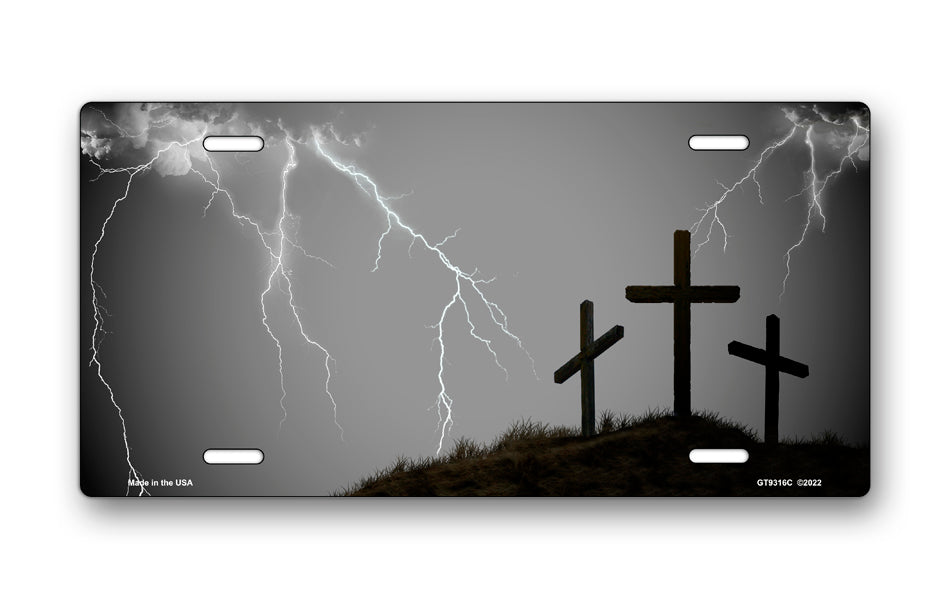 Three Crosses and Lightning on Gray License Plate