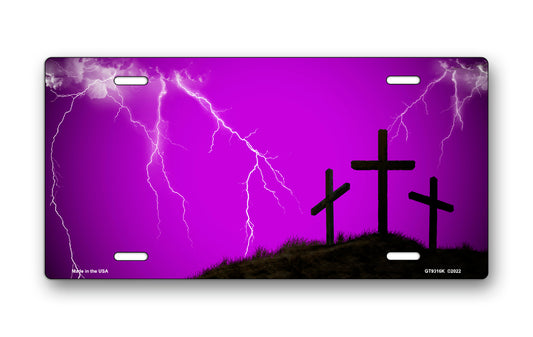 Three Crosses and Lightning on Purple License Plate