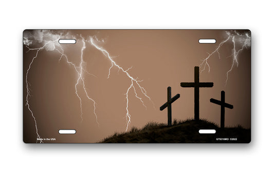 Three Crosses and Lightning on Mocha License Plate