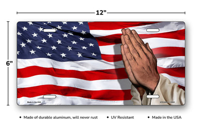 Praying Hands on American Flag Offset License Plate