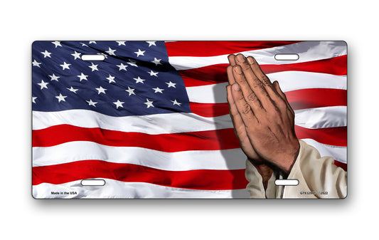 Praying Hands on American Flag Offset License Plate