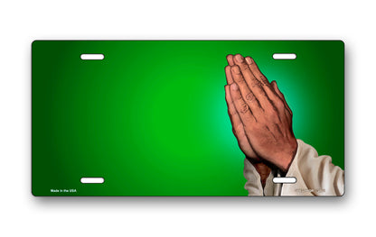 Praying Hands on Green Offset License Plate