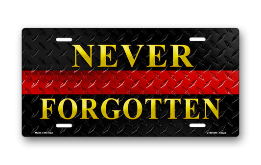 Never Forgotten Red Line on Black Diamond Plate License Plate