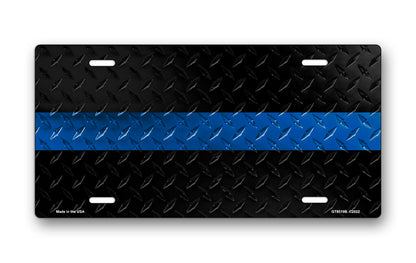 Blue Line on Black Diamond Plate License Plate