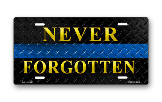 Never Forgotten Blue Line on Black Diamond Plate License Plate