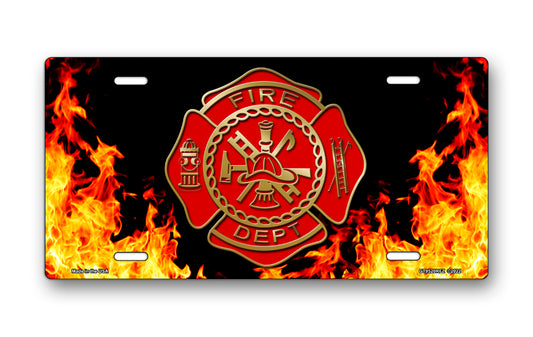 Fire Dept Crest on Realistic Flames License Plate