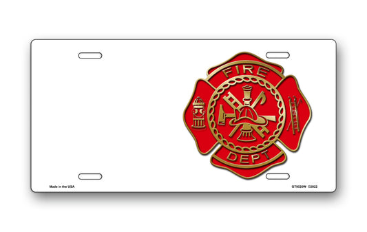 Fire Dept Crest on White Offset License Plate