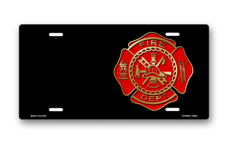 Fire Dept Crest on Black Offset License Plate