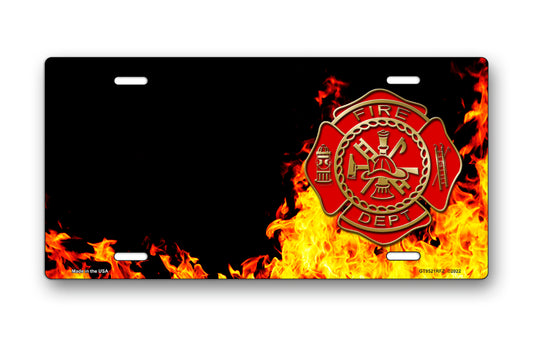 Fire Dept Crest on Realistic Flames Offset License Plate
