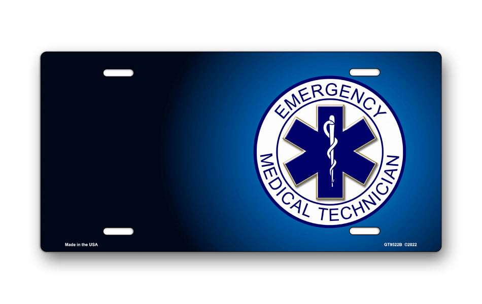 Emergency Medical Technician Emblem on Blue Offset License Plate